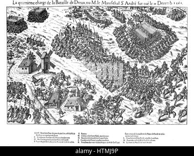 Il francese le guerre religiose 1562-1598. Quarta carica alla battaglia di Dreux, 19 dicembre 1562. Connestabile di Francia Anne de Montmorency (1493-1567) leader delle forze cattoliche e Louis, Prince de Conde (1530-1569) sia fatto prigioniero e Jacques d'Albon, Ma Foto Stock