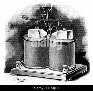 Apparecchi ad alta tensione utilizzato da Pierre e Marie Curie per investigare la conducibilità elettrica di aria esposti a radium. Pubblicato da incisione Parigi 1904 Foto Stock