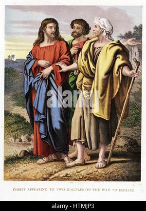 Cristo che appaiono ai due discepoli sulla strada di Emmaeus. Kronheim chromolithograph dalla Bibbia illustrata c1860 Foto Stock