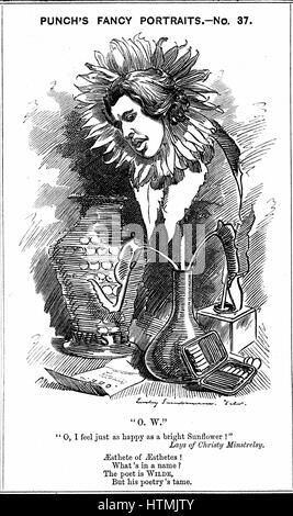 Oscar Wilde (1854-1900) Irish playwright, romanziere, poeta e scherzi. Cartone animato da Edward Linley Sambourne dal suo "Ritratti di fantasia' serie per 'Foratura' Londra, 25 giugno 1881, mostrando Wilde come un girasole. Incisione su legno Foto Stock