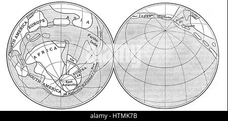 Schema della terra durante il periodo Carbonifero. Terra - non ombreggiate: Deep Sea - linee diagonali: acque poco profonde - linee orizzontali. Da un articolo di Alfred Wegener (1880-1930) sulla sua teoria della deriva continentale (Wegener ipotesi: 1915) Foto Stock