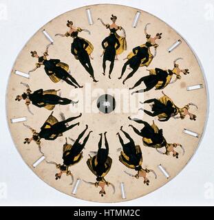 Fantascope: gioco ottico a seconda della persistenza della visione per il suo effetto. Disco con immagini multiple di un uomo e di una donna ballare una Polka. Foto filate sul mandrino e la sua riflessione visto in Looking Glass (mirror), dando l'impressione che la coppia era dan Foto Stock