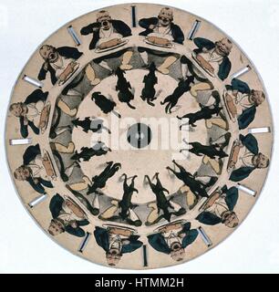 Fantascope: gioco ottico a seconda della persistenza della visione per il suo effetto. Foto filate sul mandrino e la sua riflessione visto in Looking Glass (mirror), dando l'impressione dell'uomo mangiare e cane jumping fino a rubare il cibo. Da TM Baynes 'Fantascope', Acker Foto Stock