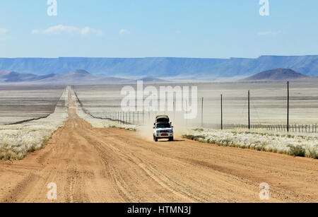 Pickup truck guida veloce sul lungo rettilineo di strada nel deserto Foto Stock