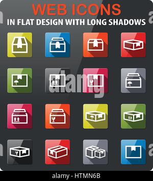 Box set di icone in design piatto con lunga ombra Illustrazione Vettoriale