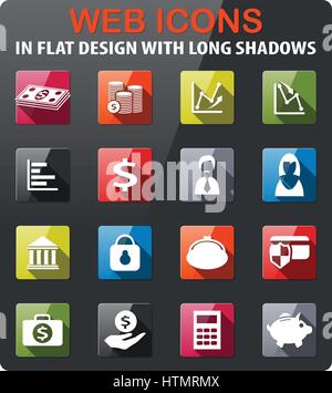 Finanza set di icone in design piatto con lunga ombra Illustrazione Vettoriale
