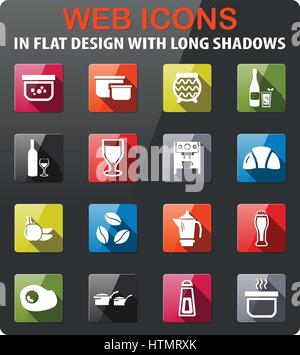 Il cibo e la cucina set di icone in design piatto con lunga ombra Illustrazione Vettoriale