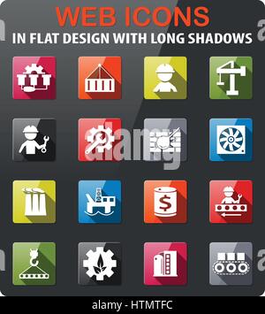 Settore set di icone in design piatto con lunga ombra Illustrazione Vettoriale