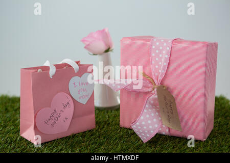 Rosa borsa regalo confezione regalo con forma di cuore tag sull'erba Foto Stock