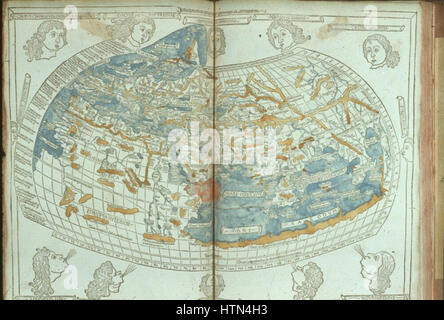 La *Mappa del mondo Tolomeo* ospitata nelle biblioteche Bodleiane è una rappresentazione del mondo antico come immaginato dallo studioso greco Claudio Tolomeo. Questa mappa, significativa per il suo valore storico, mostra le prime conoscenze geografiche e funge da strumento per comprendere la navigazione e la cartografia antiche. Foto Stock