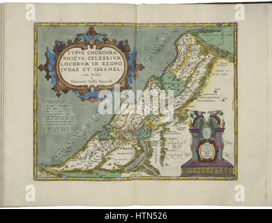 La mappa di Israele di Abraham Ortelius, parte del suo famoso atlante "Theatrum Orbis Terrarum", fornisce una rappresentazione geografica dettagliata della regione durante la fine del XVI secolo, mostrando la prima cartografia moderna. Foto Stock