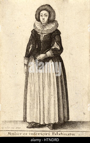 Questa incisione di Wenceslas Hollar, intitolata "Mulier ex inferiori Palatinatu (Stato 1)", presenta un ritratto di una donna del basso Palatinato. L'incisione dettagliata mostra l'abilità di Hollar nel rendere dettagli e texture fini. Foto Stock
