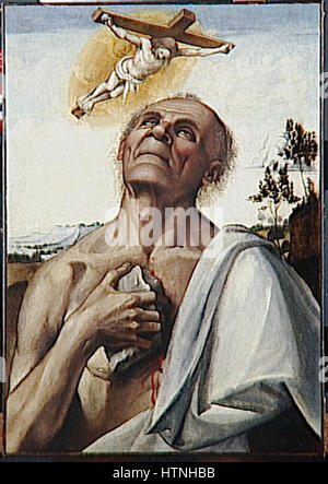 "San Girolamo" di Luca Signorelli ritrae il santo cristiano, tradizionalmente noto per il suo lavoro accademico sulla Bibbia. Il lavoro di Signorelli raffigura Girolamo nel suo studio, sottolineando il suo ruolo di studioso e traduttore, con una profonda attenzione all'espressione umana e alla profondità spirituale. Foto Stock