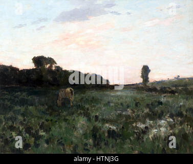 Questo dipinto intitolato 'Landschap bij Avondrood' (paesaggio al tramonto) di Schaik, cattura la bellezza tranquilla di un tramonto su un paesaggio rurale. L'artista dipinge sapientemente la luce che cambia e gli effetti atmosferici. Foto Stock