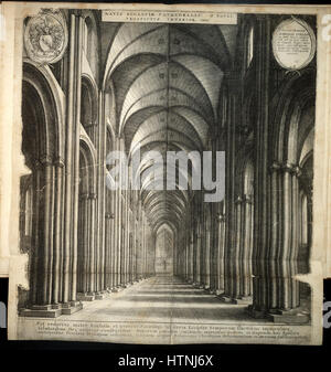 L'incisione di Wenceslas Hollar della Cattedrale di St. Paul a Londra si concentra sulla grandezza della navata, mostrando la precisione architettonica e il design intricato degli interni. Il lavoro di Hollar evidenzia l'importanza storica e le caratteristiche artistiche della cattedrale. Foto Stock