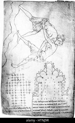 Il bozzetto di Villard de Honnecourt, risalente al XIII secolo, contiene disegni architettonici dettagliati e studi di dispositivi meccanici. Si tratta di una risorsa cruciale per comprendere l'artigianato e l'architettura medievali. Foto Stock