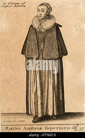 Questa incisione di Wenceslas Hollar, intitolata "Mulier Austriae superioris", è un ritratto di una nobildonna austriaca. L'incisione riflette la precisione e la padronanza di Hollar nel linework, tipico del suo stile barocco. Foto Stock