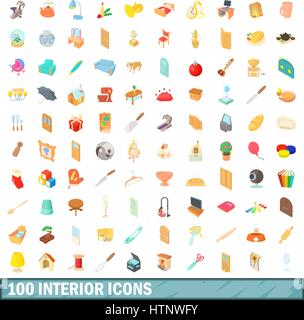 100 interno set di icone, stile cartoon Illustrazione Vettoriale