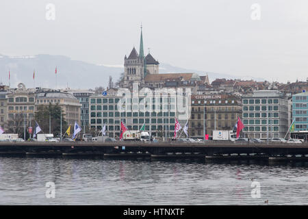 Ginevra, Svizzera. 8 Mar, 2017. Vista del lago di Ginevra a Ginevra, Svizzera, 8 marzo 2017. - Nessun filo SERVICE - foto: Friso Gentsch/dpa/Alamy Live News Foto Stock