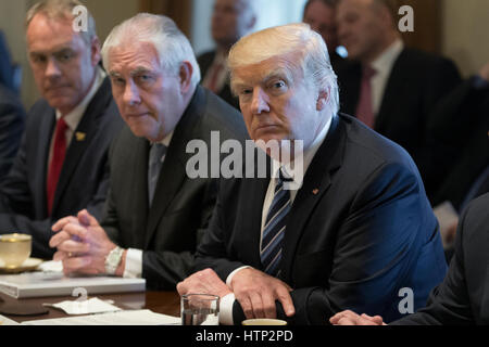 Washington DC, USA, 13 marzo, 2017 Il presidente statunitense Donald Trump J (R) tiene una riunione con i membri del suo gabinetto nel Cabinet Room della casa bianca a Washington DC, USA, 13 marzo 2017 Anche nell'immagine è Segretario degli Interni Ryan Zinke (L) un Foto Stock