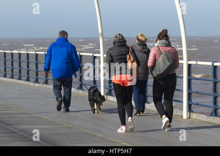 Southport, Merseyside, Regno Unito. Regno Unito Meteo. Il 14 marzo 2017. Luminosa e ariosa con un cielo azzurro per pier passeggini. Barmy marzo temperature continuare nel nord ovest, ma con un po' di più vento rispetto a quella di fine. Le persone sono ben confezionate fino contro la brezza del mare come essi passeggiata verso la fine del 2° molo più lungo in Inghilterra. Credito: MediaWorldImages/Alamy Live News Foto Stock