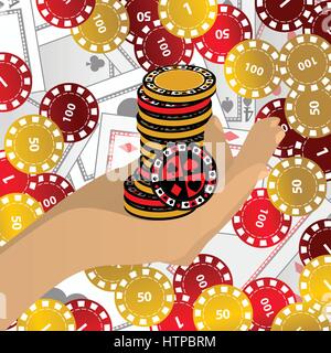 Tenere le mani chips di rosso e di giallo chips alta torre di casinò. Illustrazione per il design. Illustrazione Vettoriale