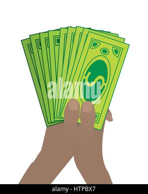 Tenere le mani dollar carta. su uno sfondo bianco. Illustrazione per il design. Illustrazione Vettoriale