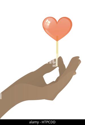 Mano che tiene la caramella sul bastone cuore rosso su sfondo bianco. Illustrazione per il design. Illustrazione Vettoriale