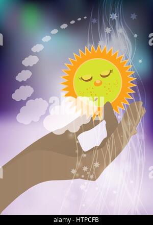 Mano che tiene il sole dorme con le nubi sulla foto dello sfondo. Illustrazione per il design. Illustrazione Vettoriale