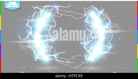 Abstract scienza elettrica telaio. Shine border con energia i fulmini e spotlight. Luce e flare effetto scintilla. Vettore di fiction blu staffa mobile Illustrazione Vettoriale