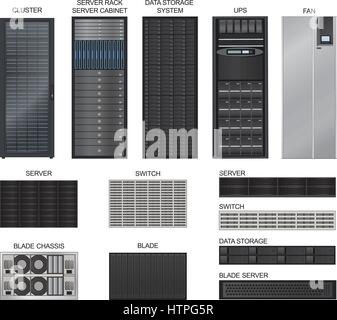 Sala server vettore attrezzature set. dati icona centro raccolta. fila di server di rete isolato su sfondo bianco. Illustrazione Vettoriale