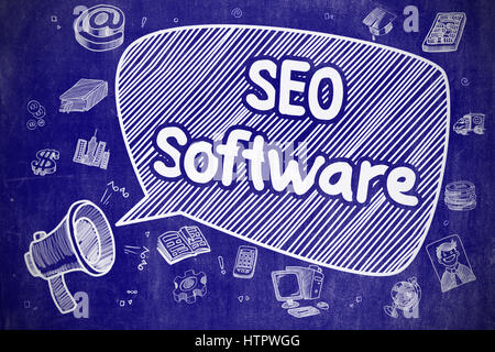 Software SEO - disegnata a mano illustrazione sulla lavagna blu. Foto Stock