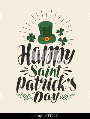 Felice st. Patrick's Day, vintage greeting card. Holiday, birra irlandese festival banner. Lettering, calligrafia illustrazione vettoriale Illustrazione Vettoriale