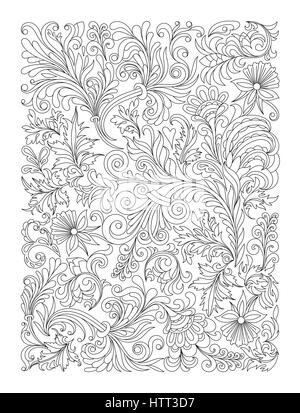 Doodle motivo floreale in bianco e nero. Pagina di libro da colorare: molto interessante e di lavoro rilassante per bambini e adulti. Zentangle disegno. Tappeto di fiori nel giardino magico Illustrazione Vettoriale
