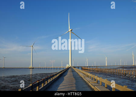 Gruppo turbine eoliche di Bac Lieu impianto eolico presso Delta del Mekong, Vietnam. Il mulino a vento a Baclieu mare al mattino, energia pulita per il Viet Nam industry Foto Stock