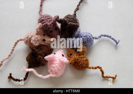 Strano concetto dal prodotto artigianale, gruppo di piccoli topi mangiano riso, splendidi animali giocattoli per bambini, ratti a maglia lavorato a maglia di filati Foto Stock