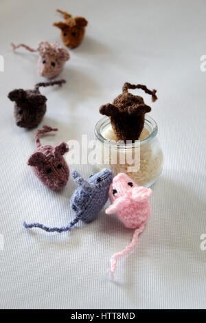 Strano concetto dal prodotto artigianale, gruppo di piccoli topi mangiano riso, splendidi animali giocattoli per bambini, ratti a maglia lavorato a maglia di filati Foto Stock