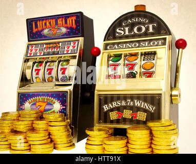 Due giocattolo vintage slot machines con denaro in oro Foto Stock