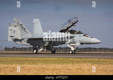 F/A-18F Super Hornet sulla pista di Avalon airshow, la tettoia aperta, Melbourne, Australia, 2017. Foto Stock
