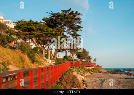 Passerella in legno, lungomare, collegando le spiagge della Costa del Sol, Mijas Costa, provincia di Malaga, Andalusia, Spagna. Foto Stock