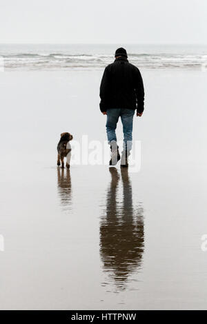 L uomo e il suo vecchio confine Terrier cane camminando lungo la spiaggia in Galles del Nord Foto Stock