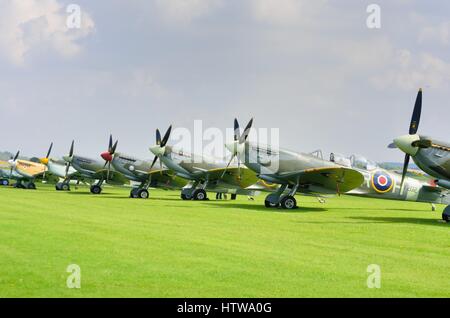 DUXFORD Cambridgeshire Regno Unito 20 agosto 2015: Line up della storica Guerra Mondiale 2 spitfires Foto Stock
