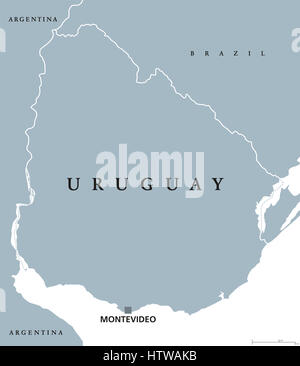 Uruguay mappa politico con capitale Montevideo, i confini nazionali e i paesi vicini. Repubblica orientale e il paese del Sud America. Illustrazione di grigio. Foto Stock