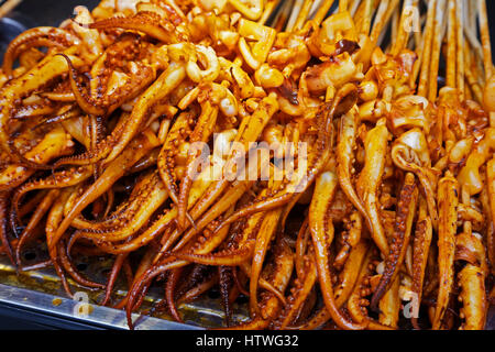 La deliziosa cucina di strada di calamari alla griglia sulle strade di Guilin, Guangxi Regione autonoma, Cina Foto Stock