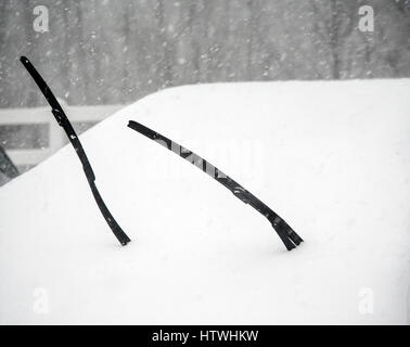 Tergicristalli su una vettura durante una tempesta di neve Foto Stock