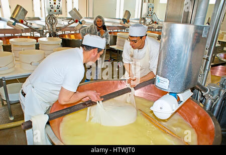 PARMA, Italia - 24 Aprile 2012: il complicato processo di fabbricazione del formaggio inizia alla manifattura di fermentazione, in cui il latte si trasforma in massa cagliato, CAS Foto Stock