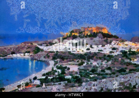 L'Acropoli, il villaggio e la spiaggia di Lindos nell' isola di Rodi, Grecia Foto Stock