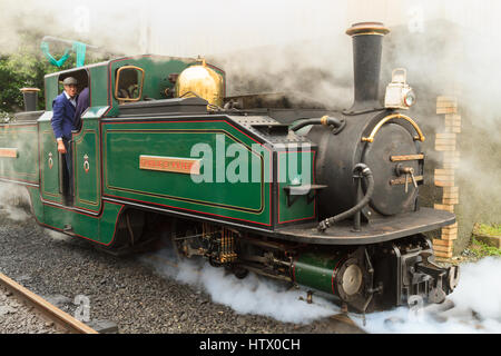 A scartamento ridotto brevetto Fairlies motore a vapore chiamato Iarll Meirionnydd sullo storico Ffestinog e Welsh Highland railway a Blaenau Ffestiniog Foto Stock