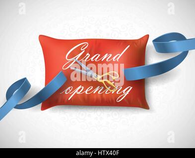 Grand Opening card con nastro blu, forbici sul cuscino. Illustrazione Vettoriale Illustrazione Vettoriale