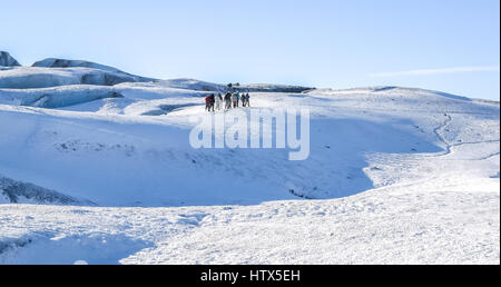 Linea di persone che vengono condotti sulla passeggiata del ghiacciaio, lingua Svínafellsjökull del ghiacciaio Vatnajokull, Skaftatell National Park, Islanda Foto Stock